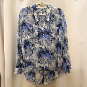 Free People Boho Sheer Abstract Print Georgette Button Down Blue Shirt Medium